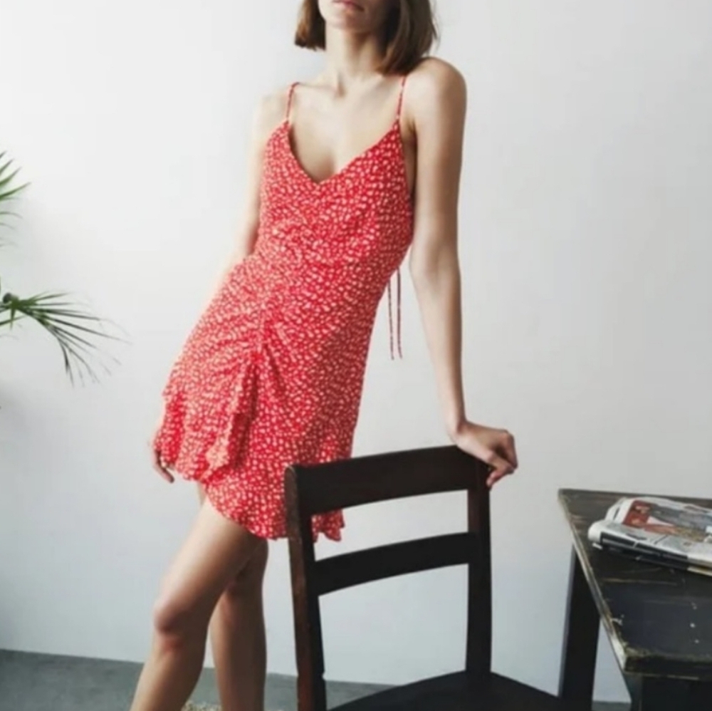 Zara Red Floral Ruched Ruffle Mini Dress Size S